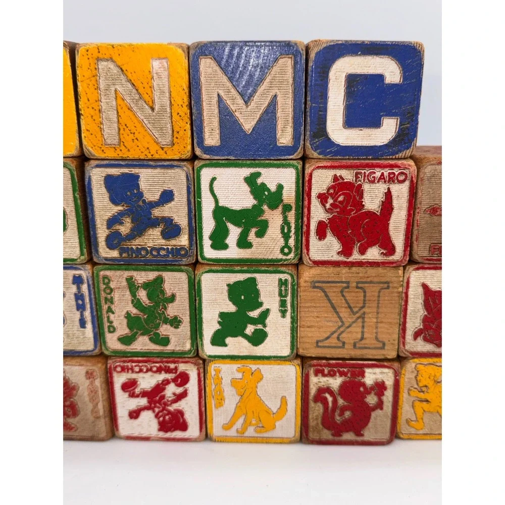21 Vintage Wooden Alphabet Pictorial Blocks Disney Characters 1.8 Inch Nursery